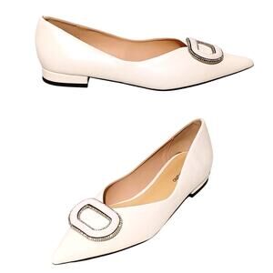 C. Paravano Pointed Toe Flats Slip On Buckle Embellished Leather White Womens 37